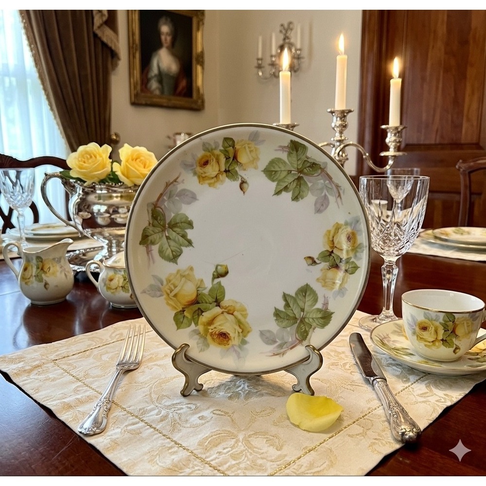 Antique Three Crown China Germany Yellow Rose Porcelain Plate 51 Vintage Floral